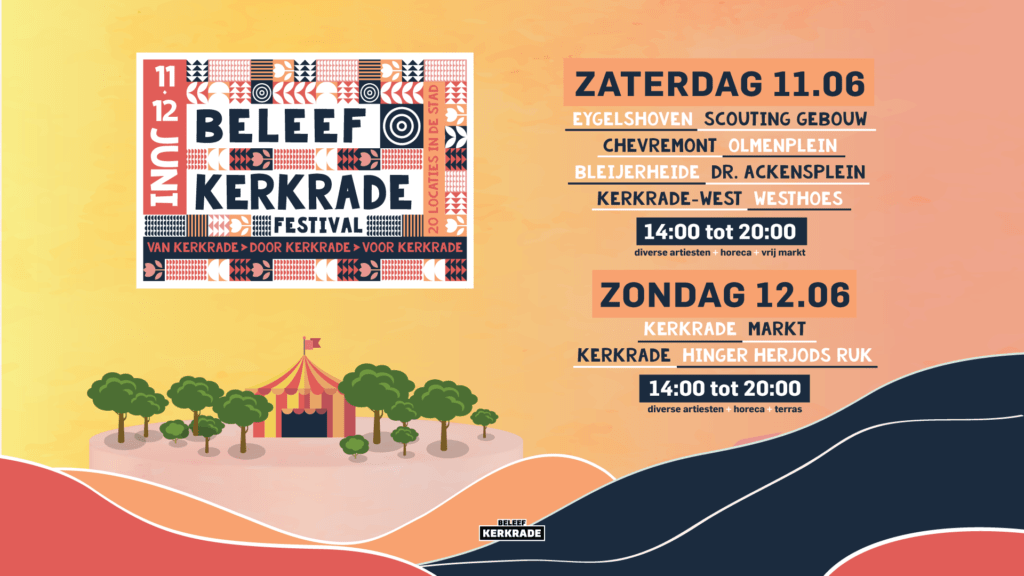 In het weekend van 11 en 12 juni 2022 is het eerste Beleef Kerkrade Festival. Het evenement vindt op zaterdag 11 juni 2022 in de wijken plaats en op zondag 12 juni 2022 in het stadscentrum. Je kunt er gratis heen. 