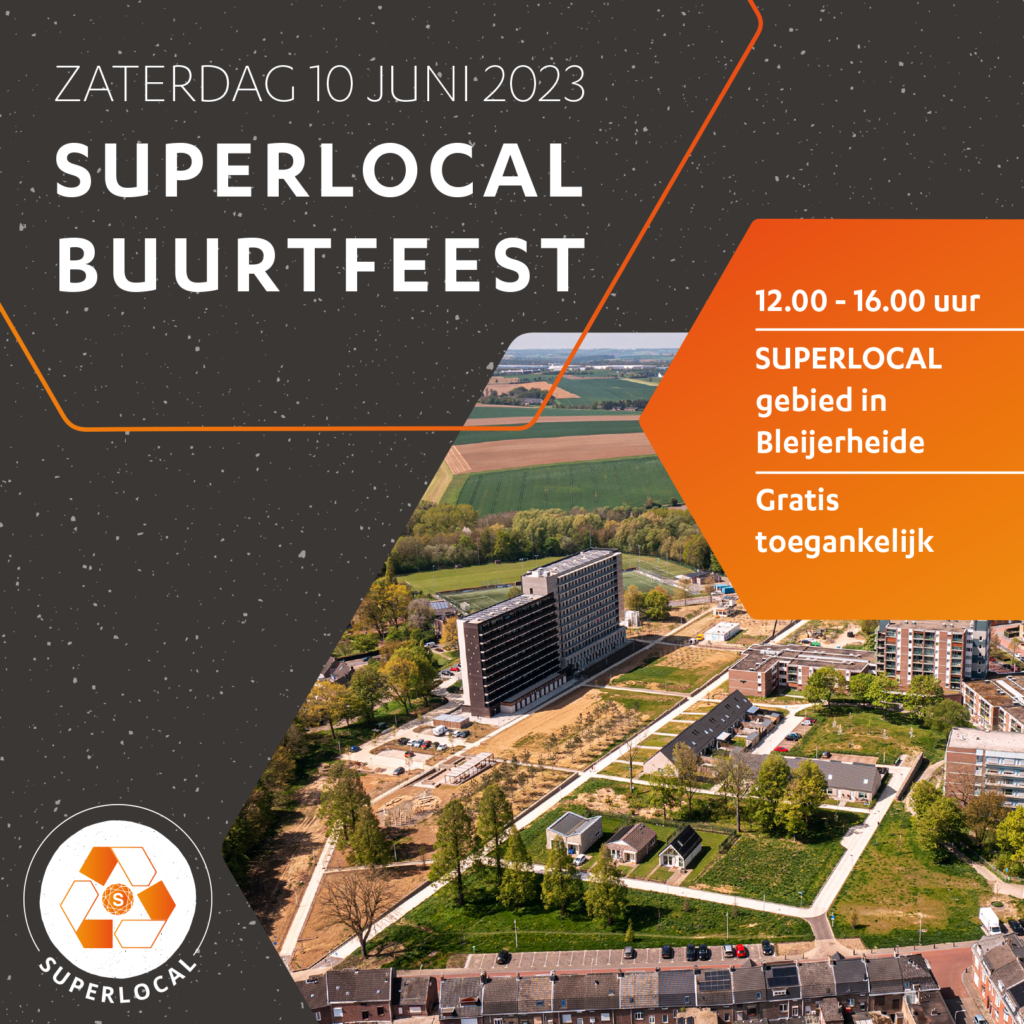 Het project SUPERLOCAL Super Circular Estate is al enige tijd afgerond en nu ook de openbare ruimte gereed is, wordt het geheel op 10 juni feestelijk officieel geopend. Initiatiefnemers HEEMwonen en Gemeente Kerkrade hadden een gezamenlijke ambitie bij deze circulaire gebiedsontwikkeling. Op zaterdag 10 juni organiseren zij een gratis toegankelijk buurtfeest voor alle inwoners van Bleijerheide. Het feest vindt plaats van 12.00 tot 16.00 uur rondom het terrein van SUPERLOCAL.