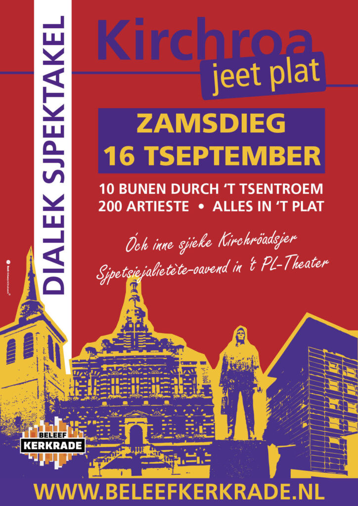 Kirchroa Jeet Plat (KJP) is terug op de evenementenkalender en hoe! Het grootschalige dialect- evenement dompelt het hele stadscentrum onder in een heerlijke mix van muziek, toneel, poëzie en humor. Tussen 13.00 uur en 23.00 uur staat de stad geheel in het teken van het Limburgs. Er is programmering op maar liefst 10 locaties, waaronder de winkelstraten, de HuB, de muziek- school, boekhandel Deurenberg, het Vasteloavendsmuseum en het raadhuis.