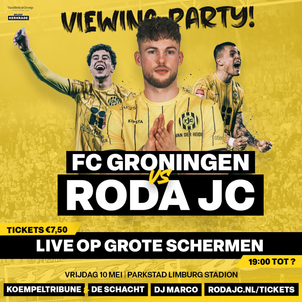 Aanstaande vrijdag heeft Roda JC in de uitwedstrijd tegen FC Groningen minimaal een gelijkspel nodig om directe promotie naar de Eredivisie te garanderen. Het uitvak is met 1100 Roda-fans volledig uitverkocht. In samenwerking met Van Melick Groep en Beleef Kerkrade bieden we alle thuisblijvers de kans om de ontknoping live te volgen in het Parkstad Limburg Stadion.